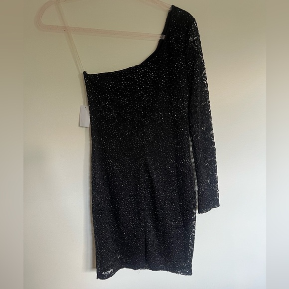 CHARLOTTE RUSSE Black Sparkly Lace Mini Dress Long Sleeve One Shoulder - Picture 9 of 9